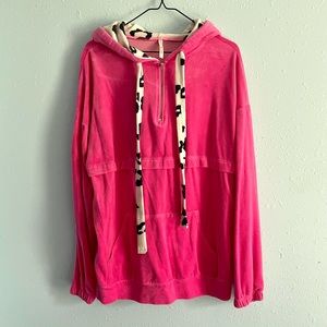 Hot pink fuzzy pullover with leopard accents